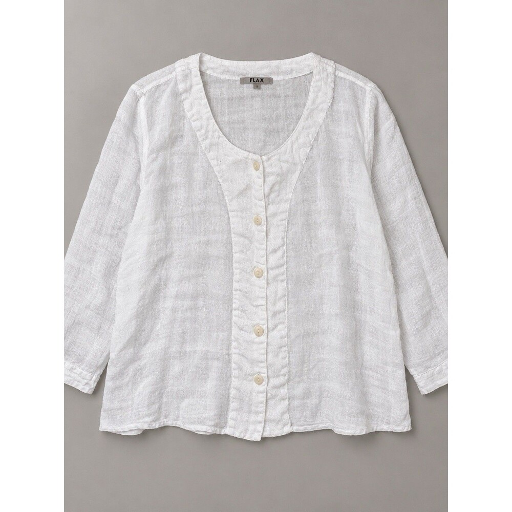 FLAX White Linen Textured Check Button Front Blouse Tunic 1G Lagenlook